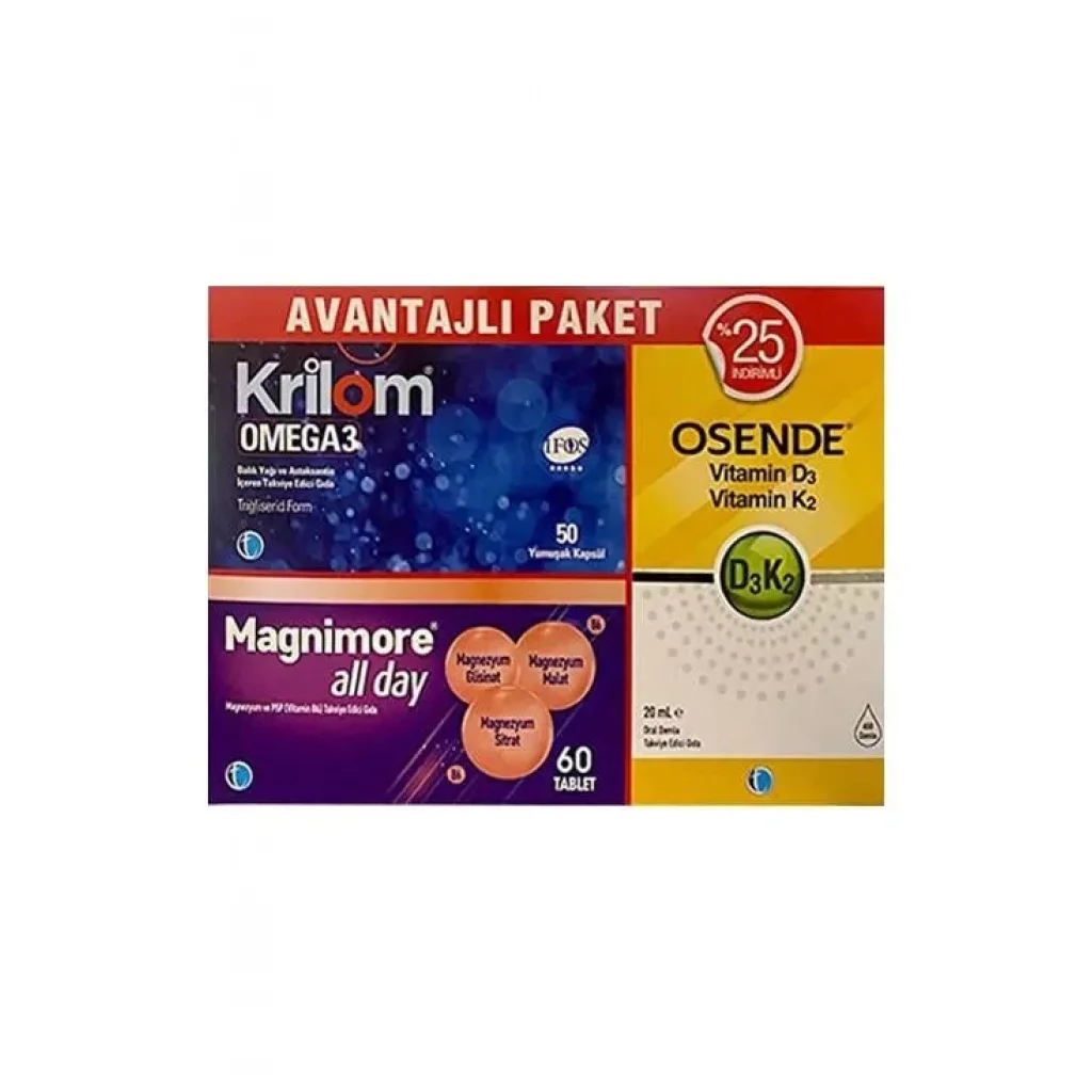 Krilom Omega3 50 Kapsül+ Magnimore Allday 60 Tablet + Osende D3k2 20 ml Avantajlı Paket