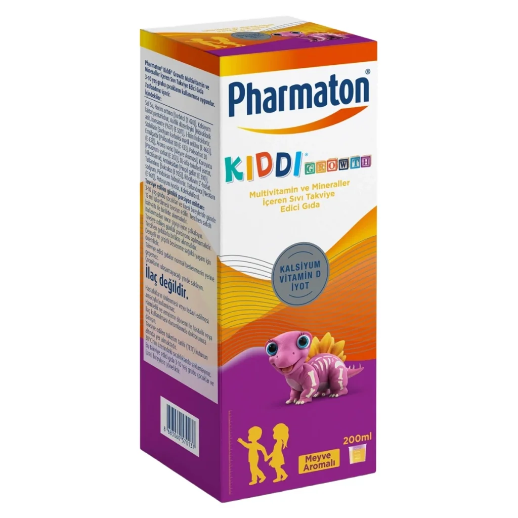 Pharmaton Kiddi Growth Kalsiyum Vitamin D İyot İçeren Takviye Edici Gıda Meyve Aromalı Şurup 200 ml