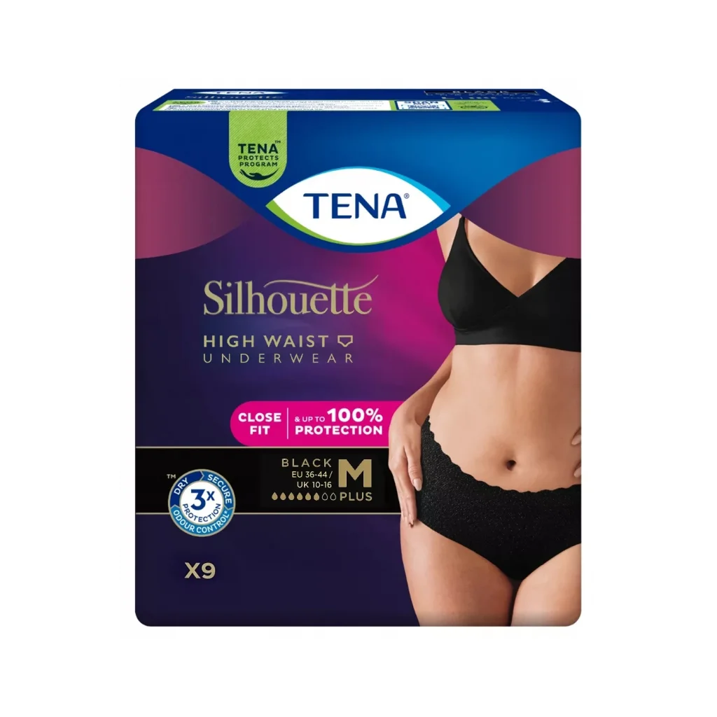 TENA Kadın Yüksek Bel Siyah Emici Külot M (Medium) – 9’lu Paket