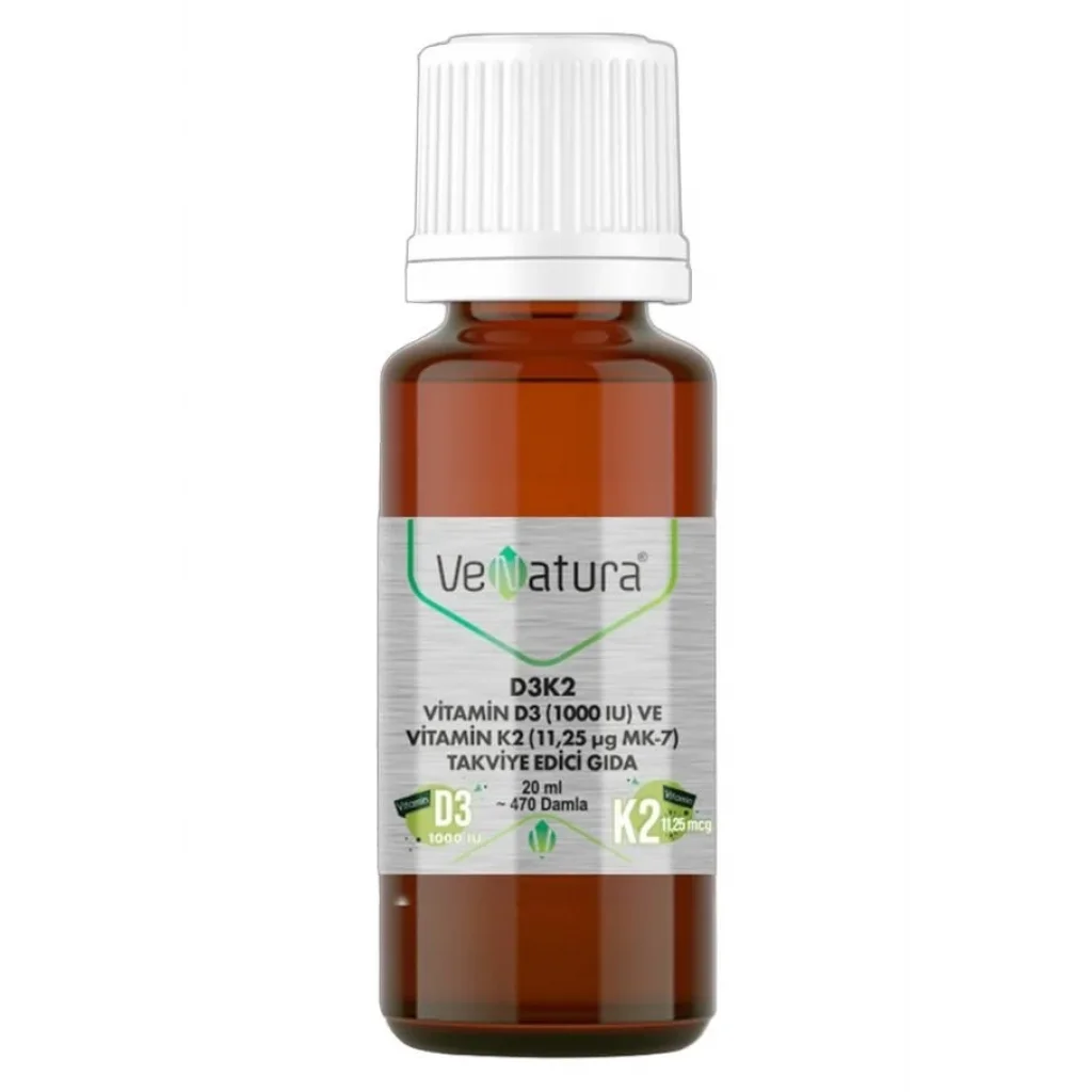 Venatura D3K2 Vitamin D3 1000 IU ve Vitamin K2 11,25 mcg MK-7 Takviye Edici Gıda 20 ml