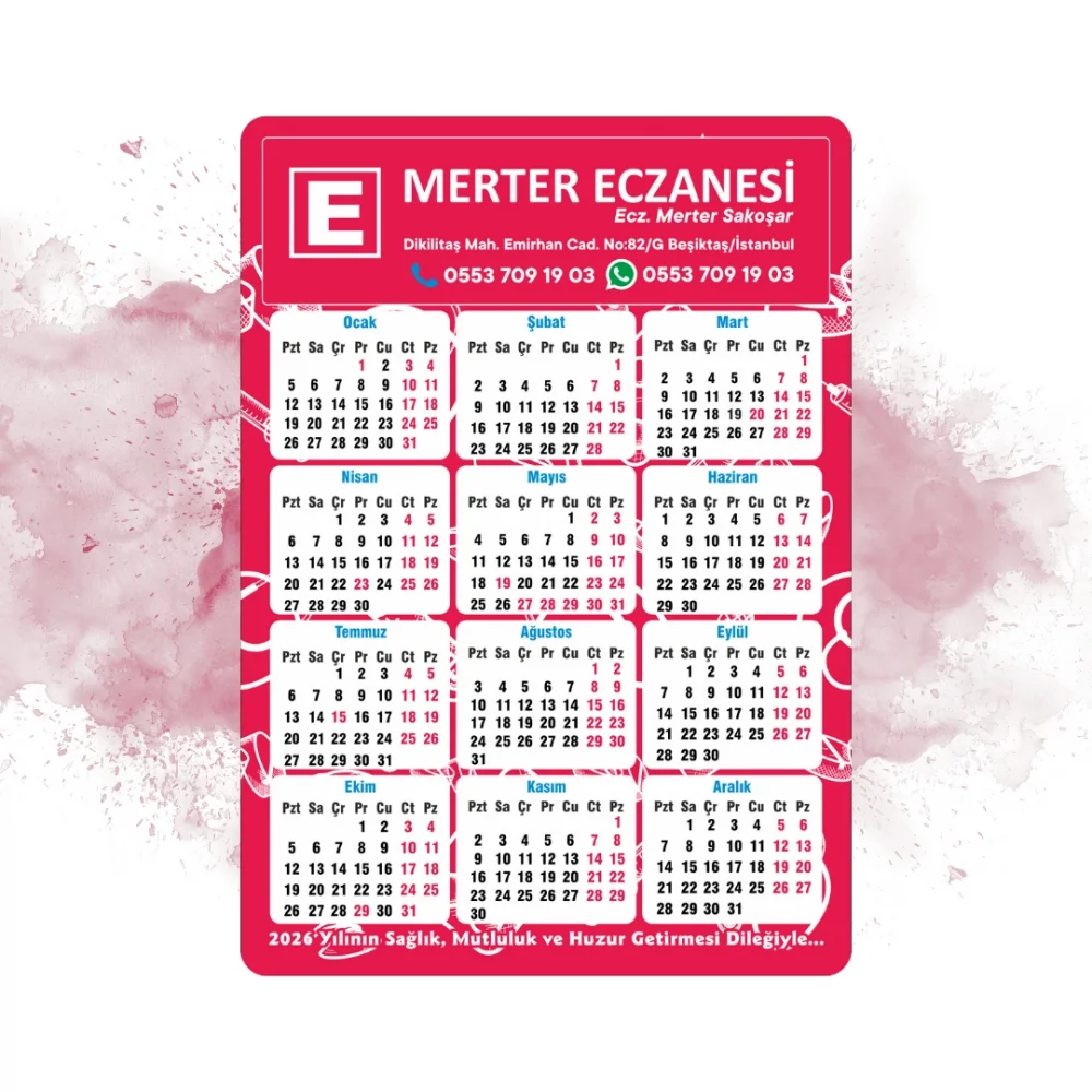14x10 cm Eczanenize Özel 2026 Takvimli Magnet 1000 adet Neon Kırmızısı