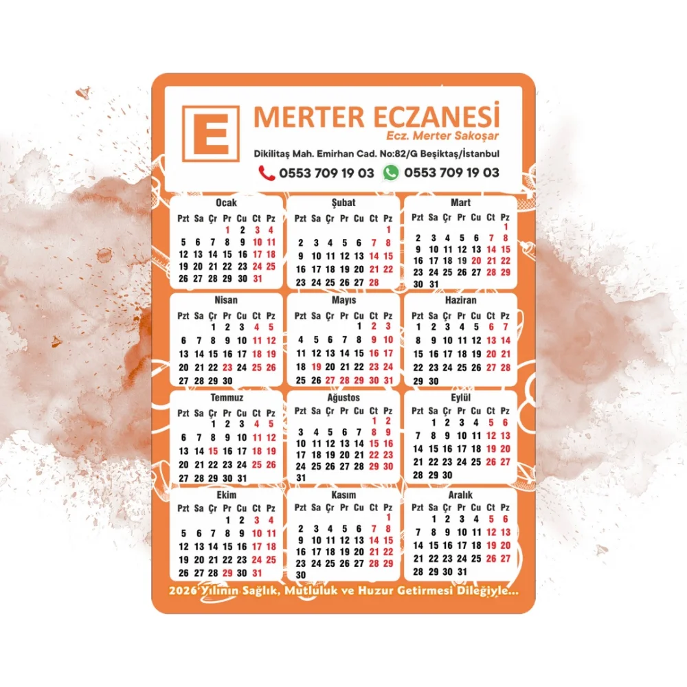 14x10 cm Eczanenize Özel 2026 Takvimli Magnet 1000 adet Sonbahar Turuncusu