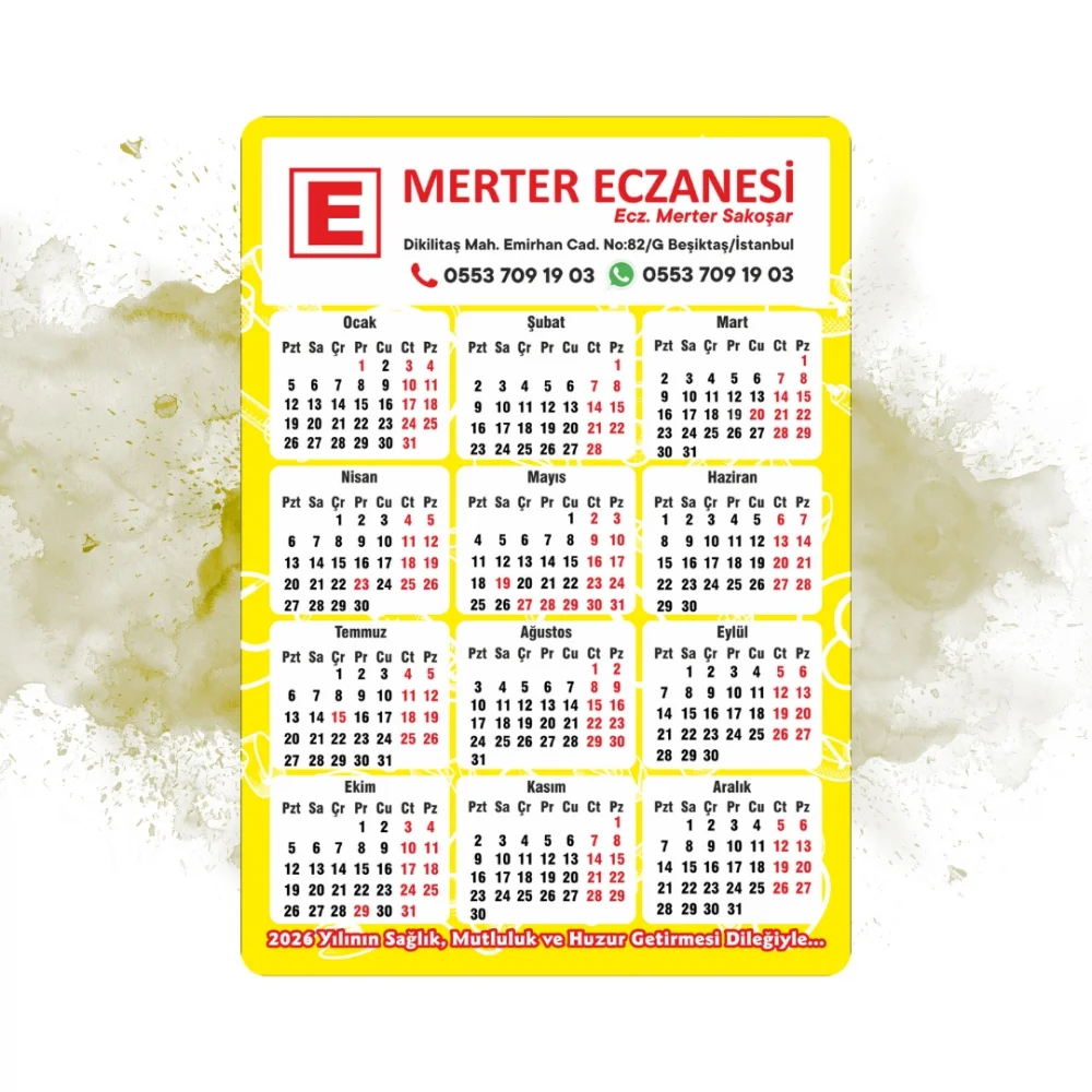 14x10 cm Eczanenize Özel 2026 Takvimli Magnet 1000 adet Sarı