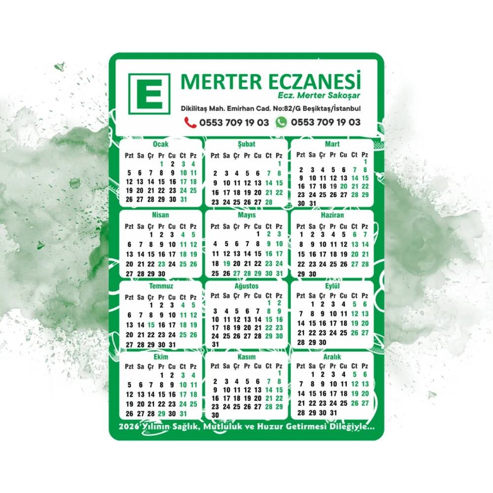 14x10 cm Eczanenize Özel 2026 Takvimli Magnet 1000 adet Yeşil