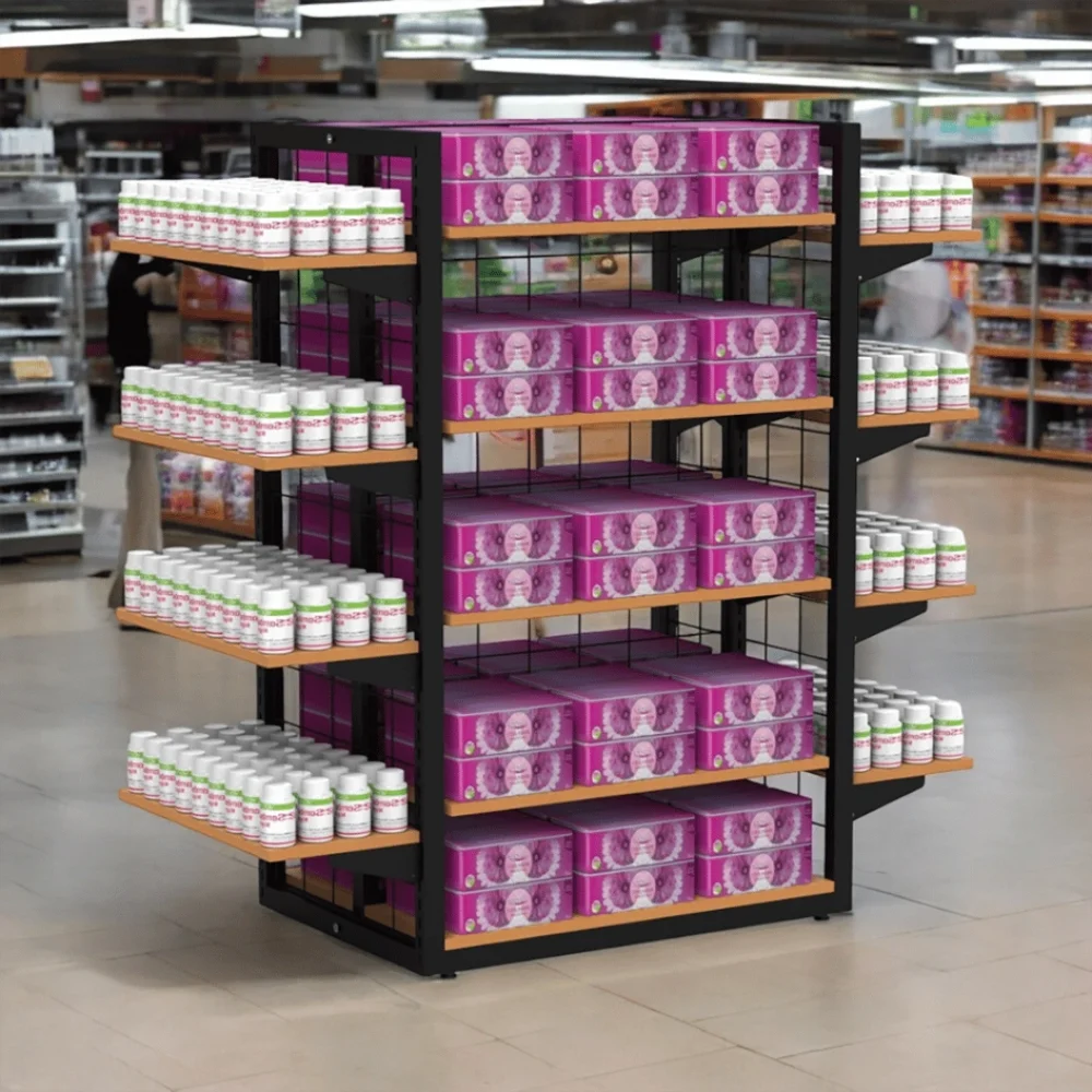 80X60 Dört Taraflı Metal Siyah Stand Bambu Raflı Ve Yan Modül Raflı Set