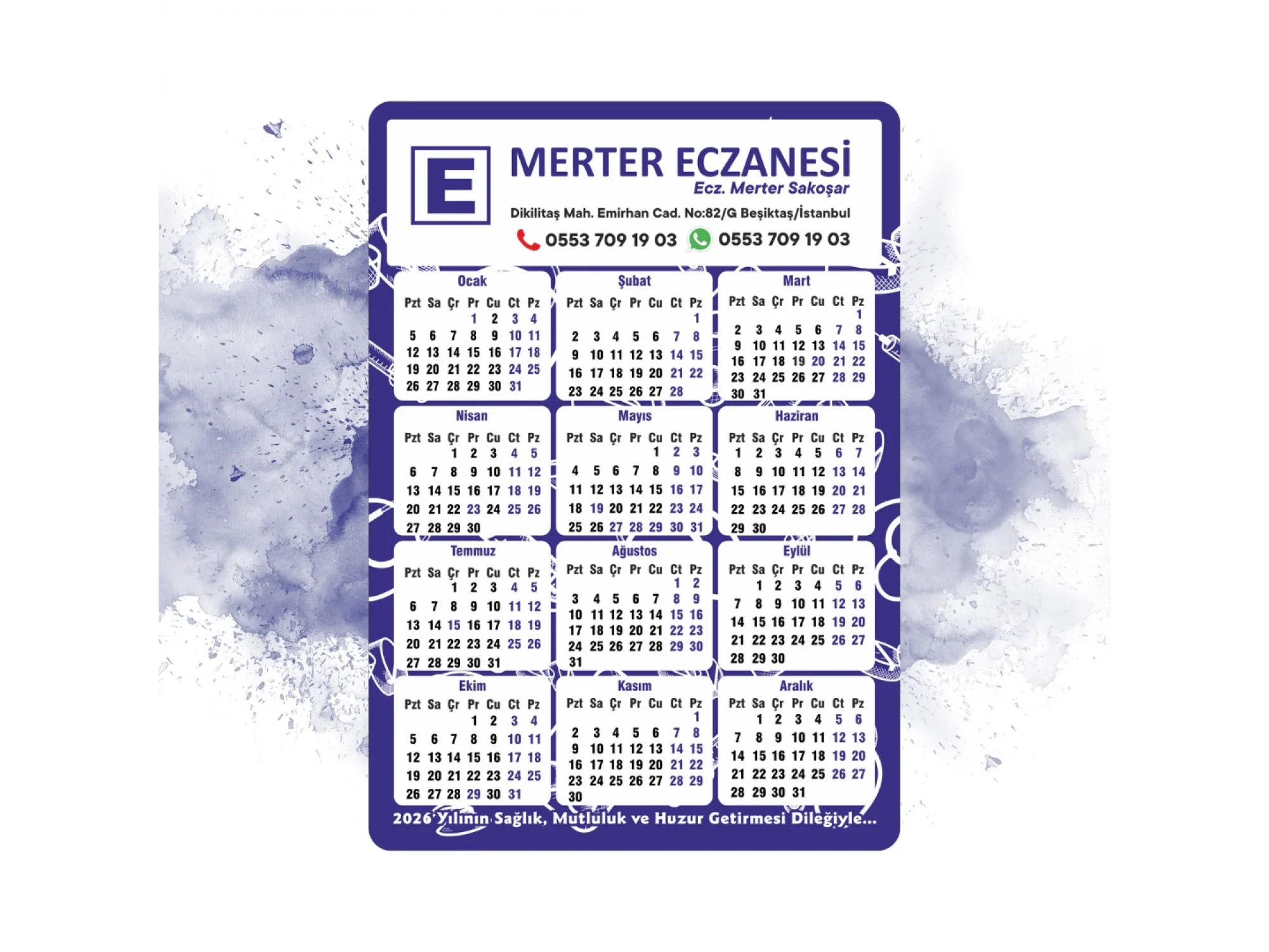 14x10 cm Eczanenize Özel 2026 Takvimli Magnet 1000 adet Civit Mavisi