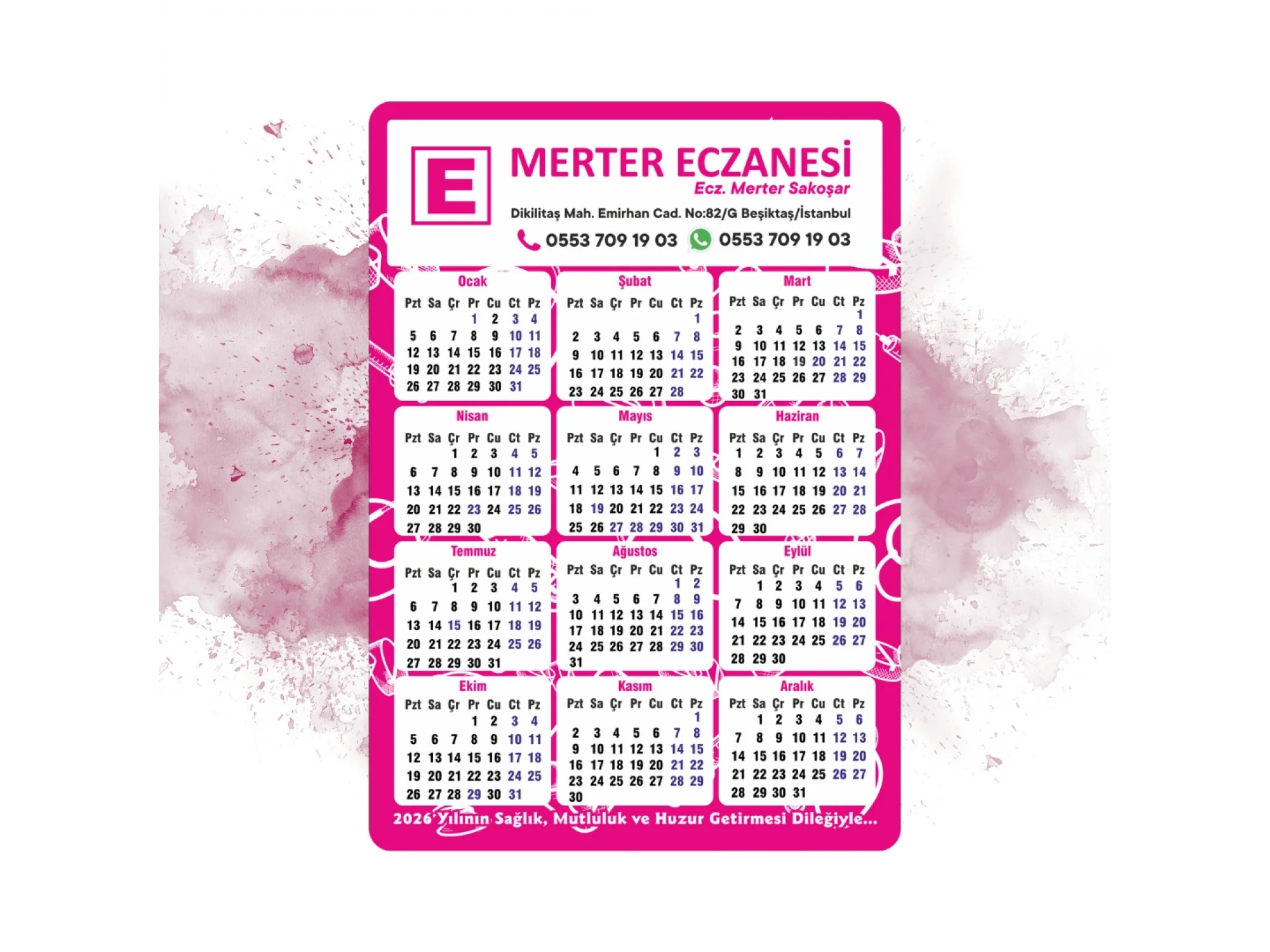 14x10 cm Eczanenize Özel 2026 Takvimli Magnet 1000 adet Magenta