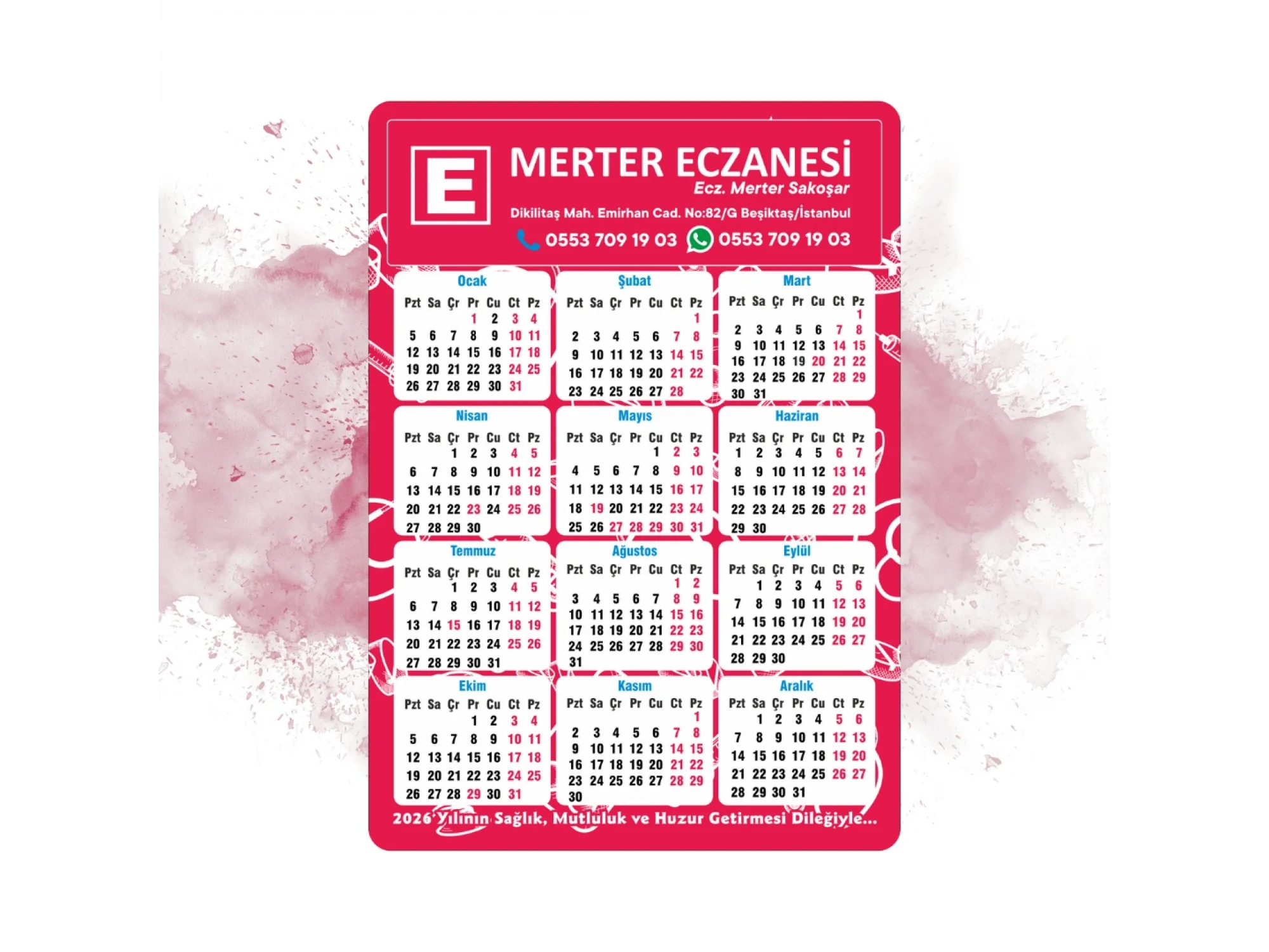 14x10 cm Eczanenize Özel 2026 Takvimli Magnet 1000 adet Neon Kırmızısı