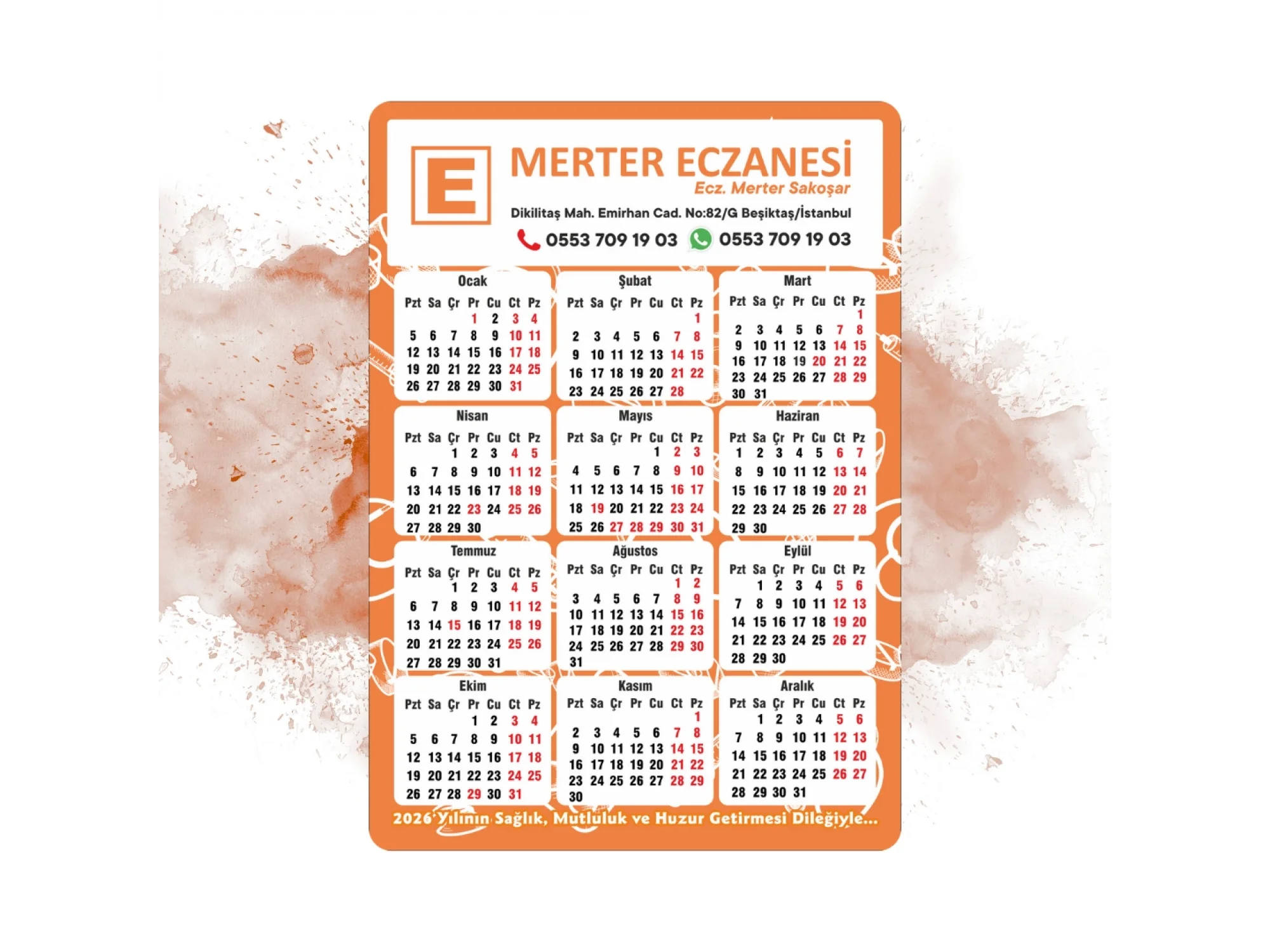 14x10 cm Eczanenize Özel 2026 Takvimli Magnet 1000 adet Sonbahar Turuncusu