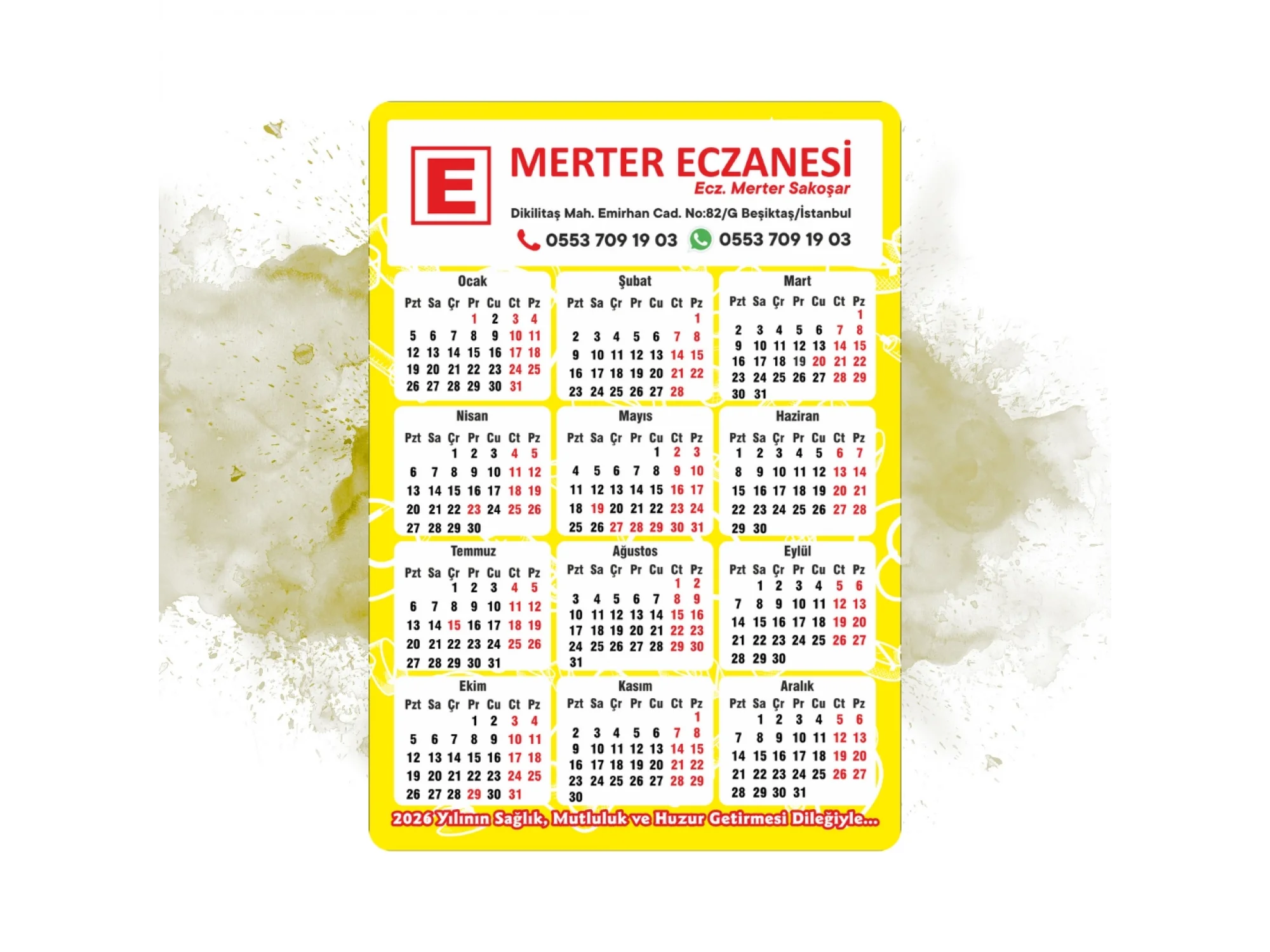 14x10 cm Eczanenize Özel 2026 Takvimli Magnet 1000 adet Sarı