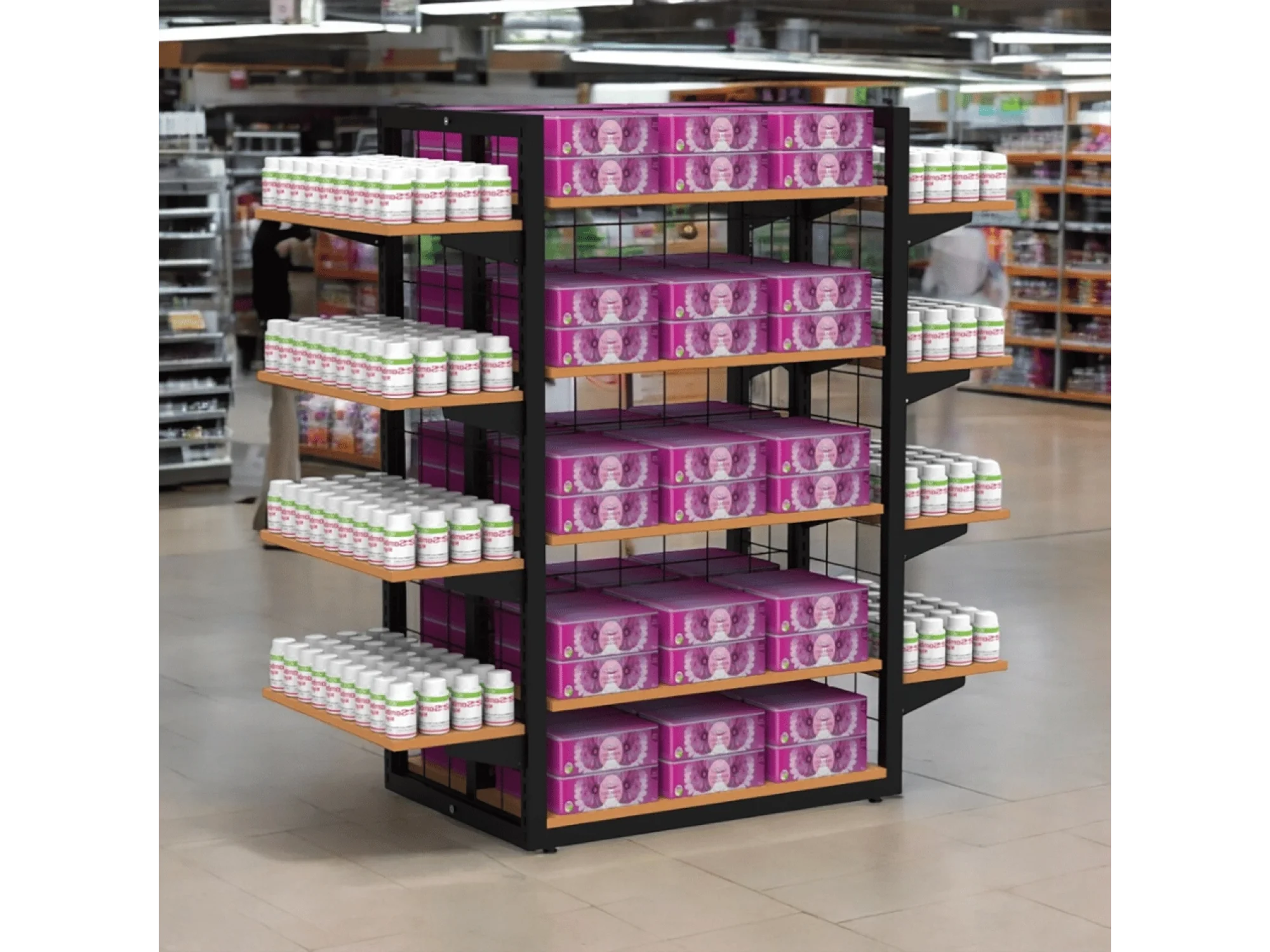 80X60 Dört Taraflı Metal Siyah Stand Bambu Raflı Ve Yan Modül Raflı Set