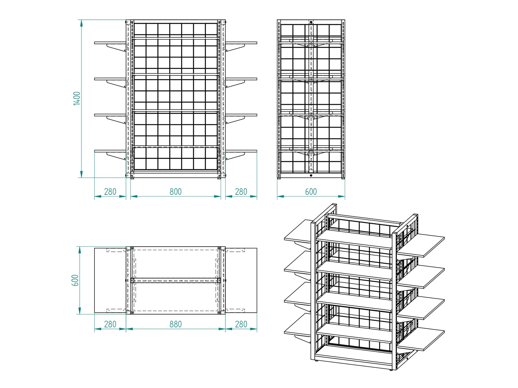 80X60 Dört Taraflı Metal Siyah Stand Bambu Raflı Ve Yan Modül Raflı Set