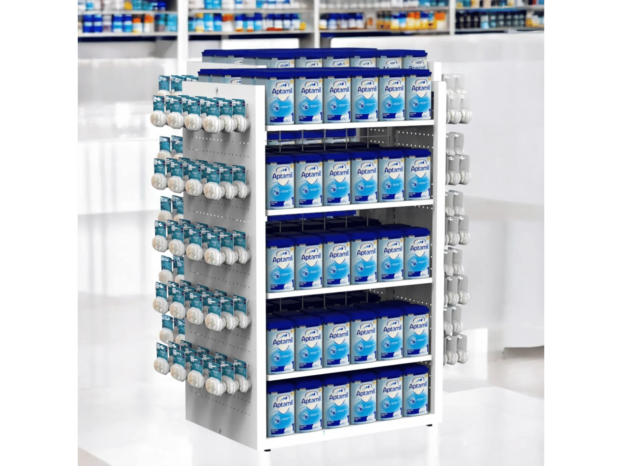 Eczane Çift Taraflı Metal Stand – Raflı & Kancalı Modül Seti