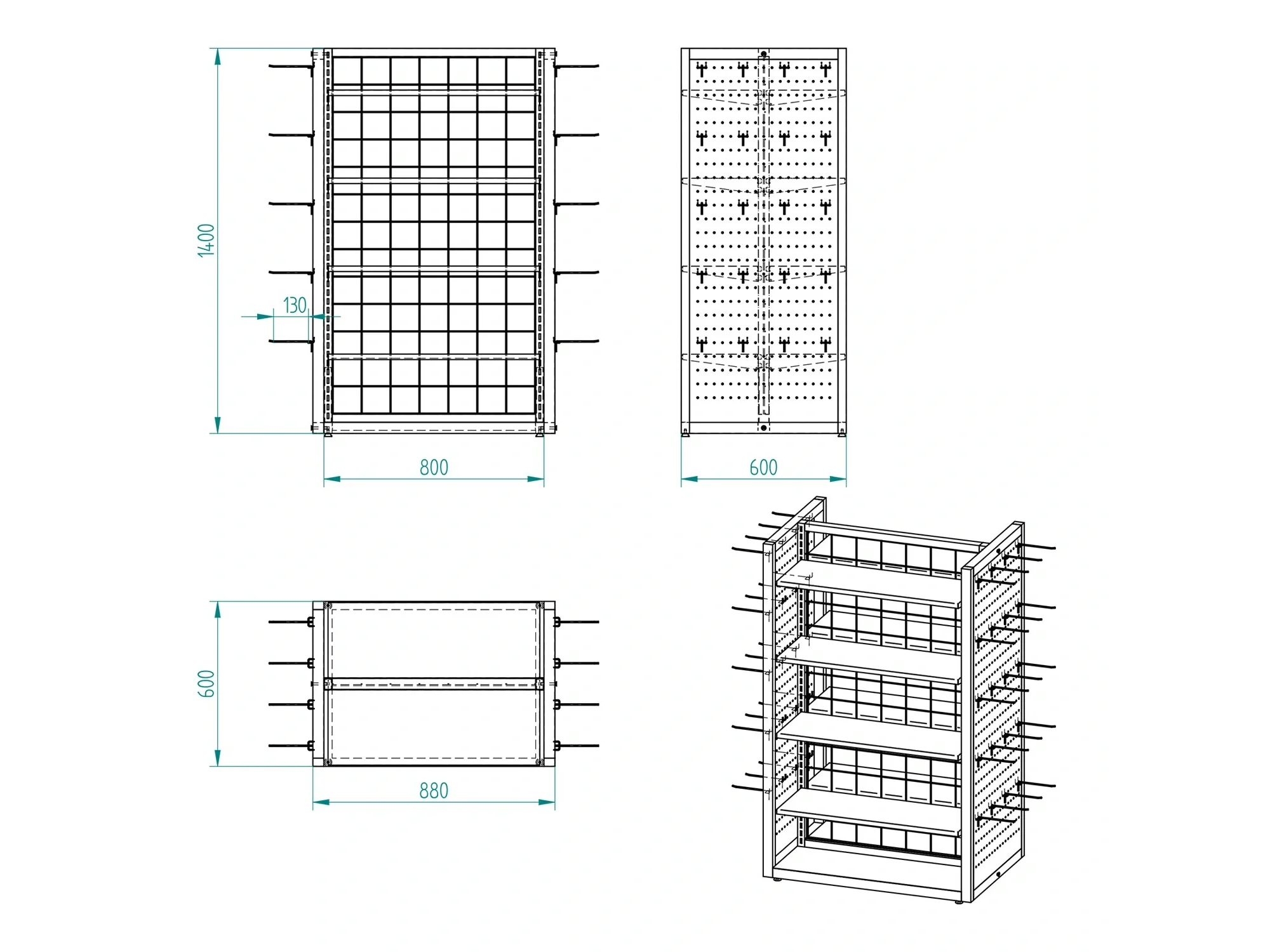 Eczane Çift Taraflı Metal Stand – Raflı & Kancalı Modül Seti