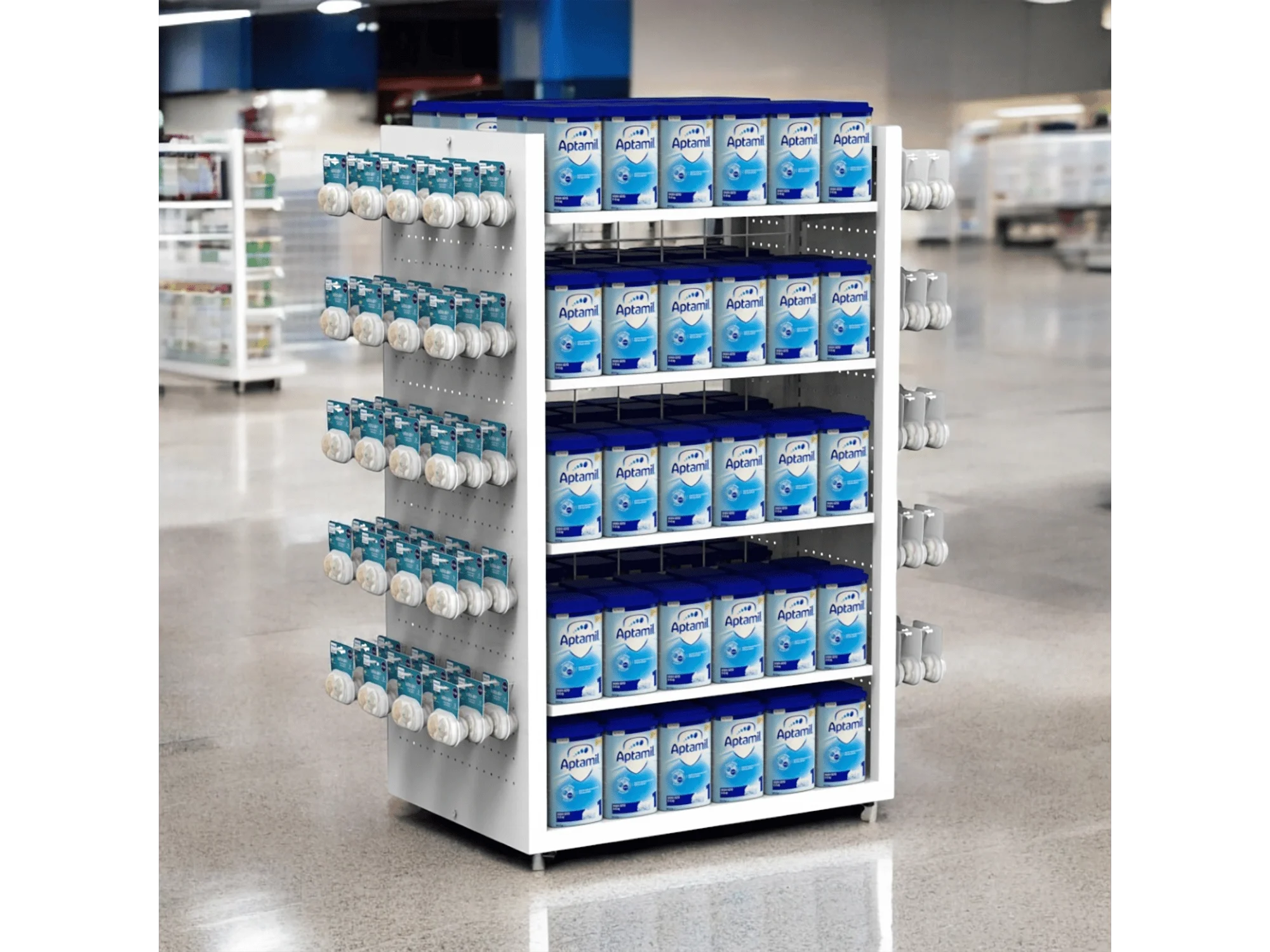 Eczane Çift Taraflı Metal Stand – Raflı & Kancalı Modül Seti