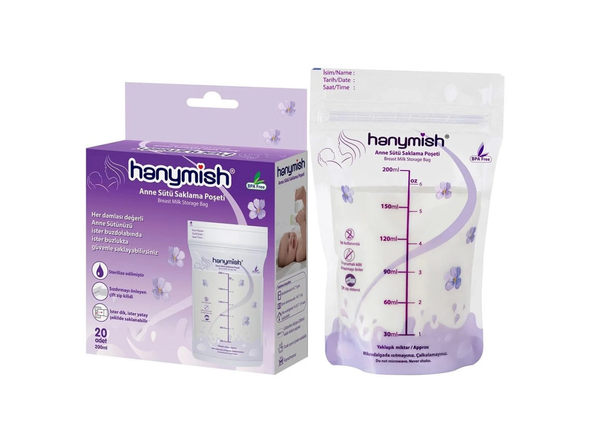 Hanymish Süt Saklama Poşeti Kilitli Kapak 20 Adet 200 ml