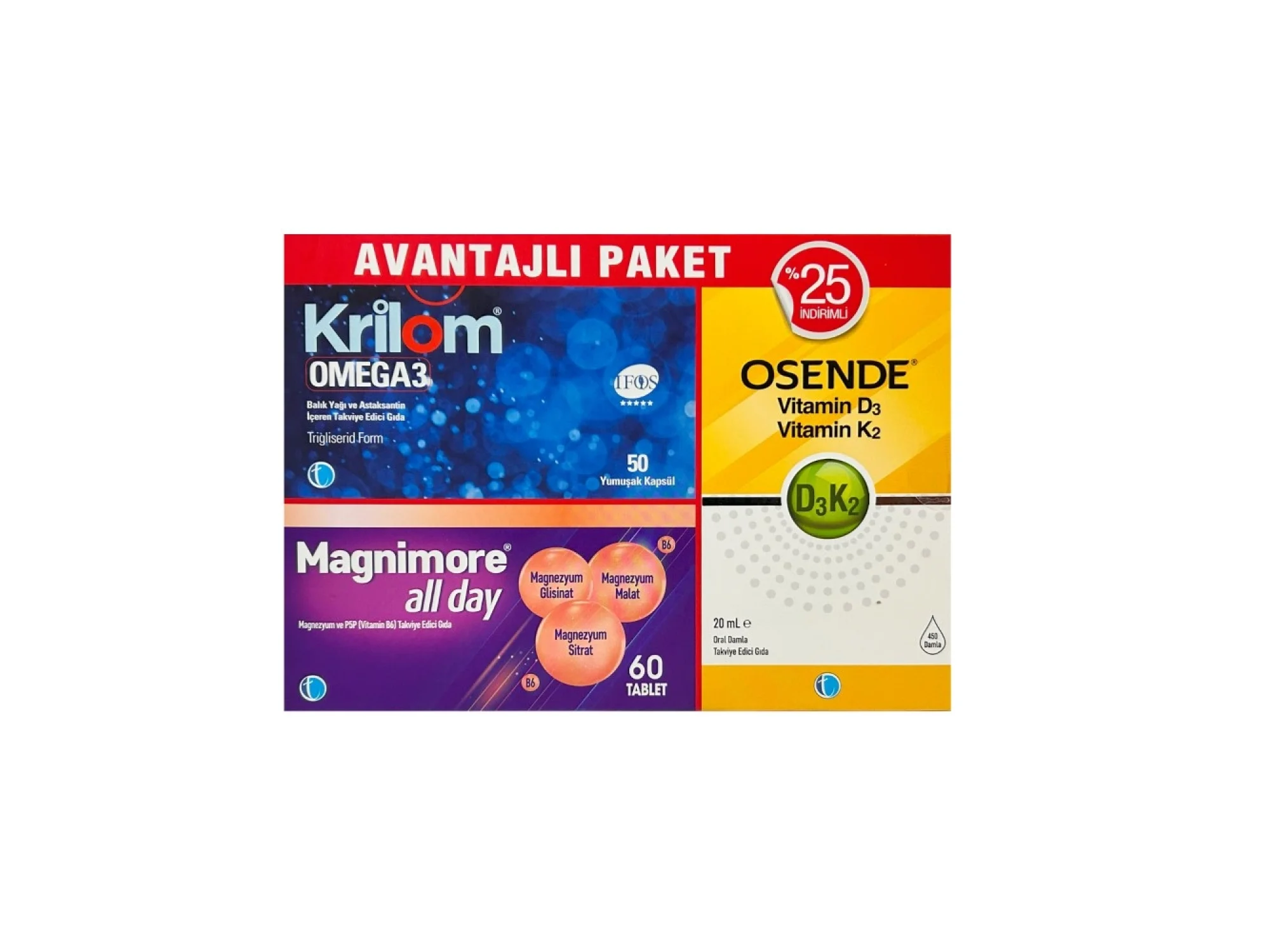 Krilom Omega3 50 Kapsül+ Magnimore Allday 60 Tablet + Osende D3k2 20 ml Avantajlı Paket