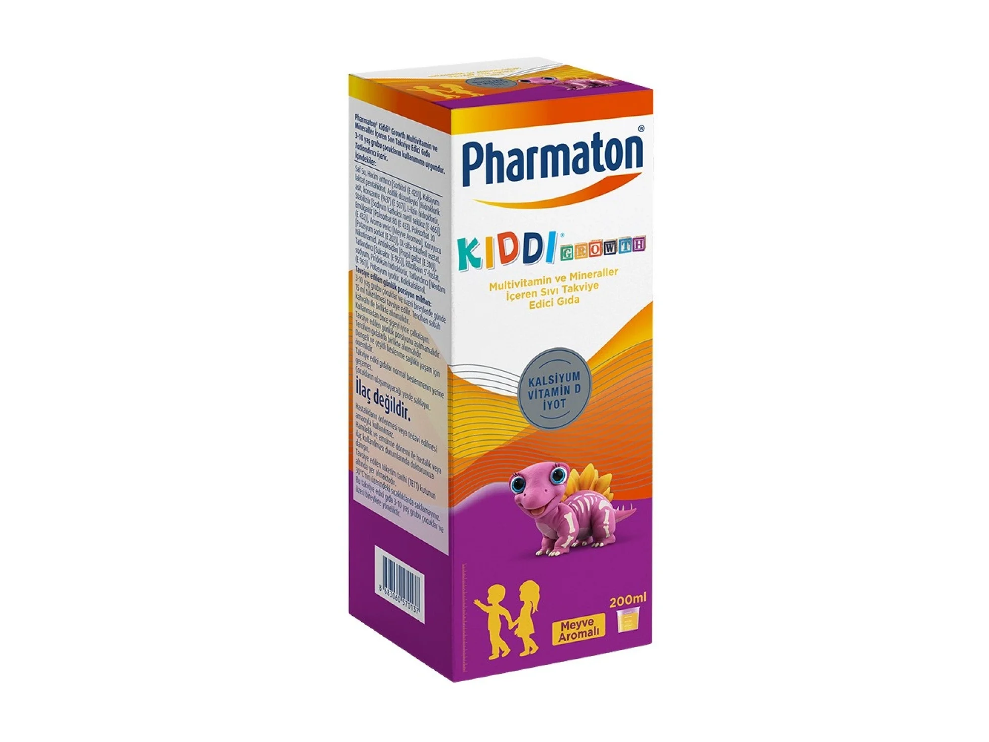 Pharmaton Kiddi Growth Kalsiyum Vitamin D İyot İçeren Takviye Edici Gıda Meyve Aromalı Şurup 200 ml