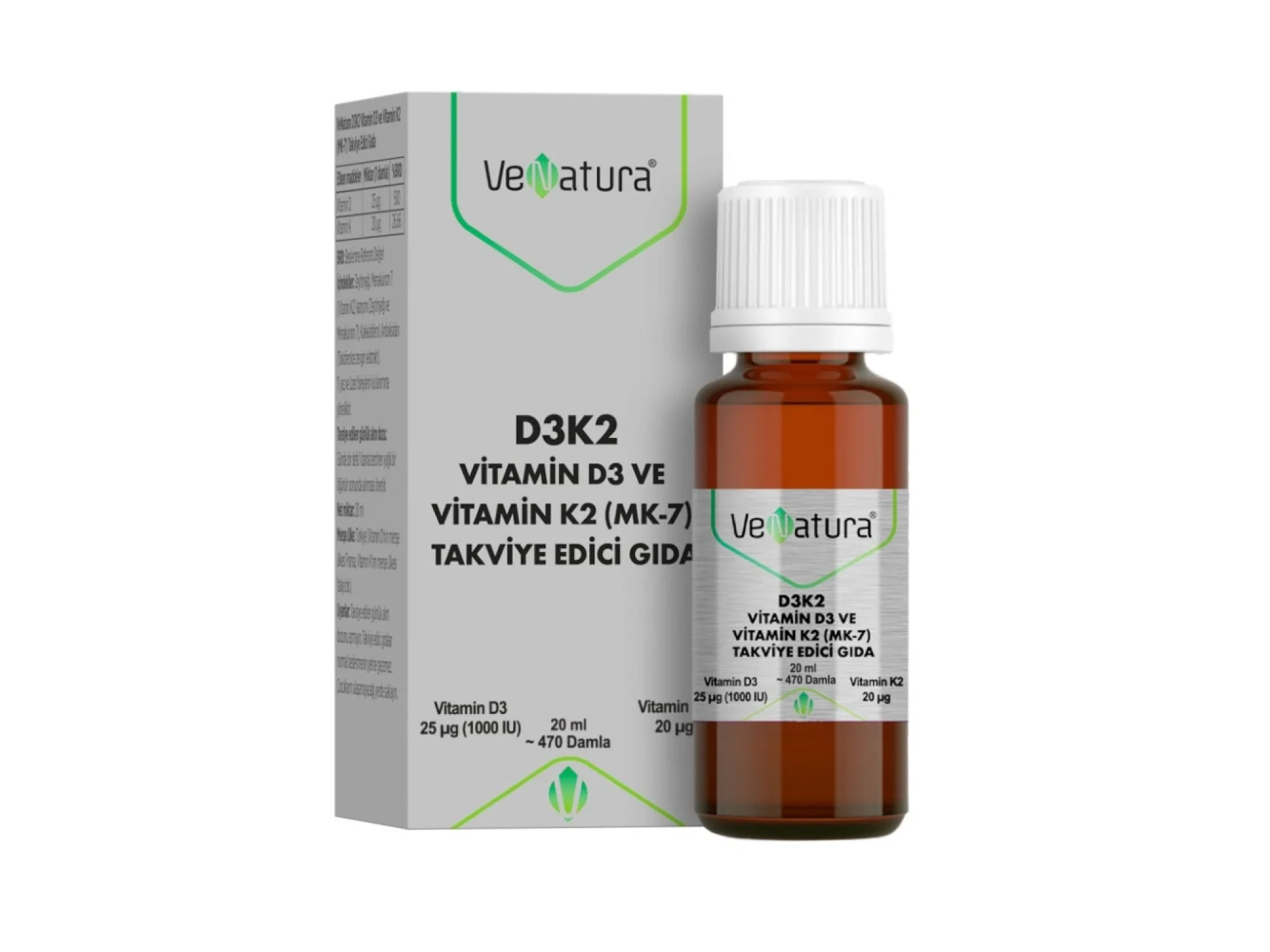 Venatura D3K2 Vitamin D3 1000 IU ve Vitamin K2 11,25 mcg MK-7 Takviye Edici Gıda 20 ml