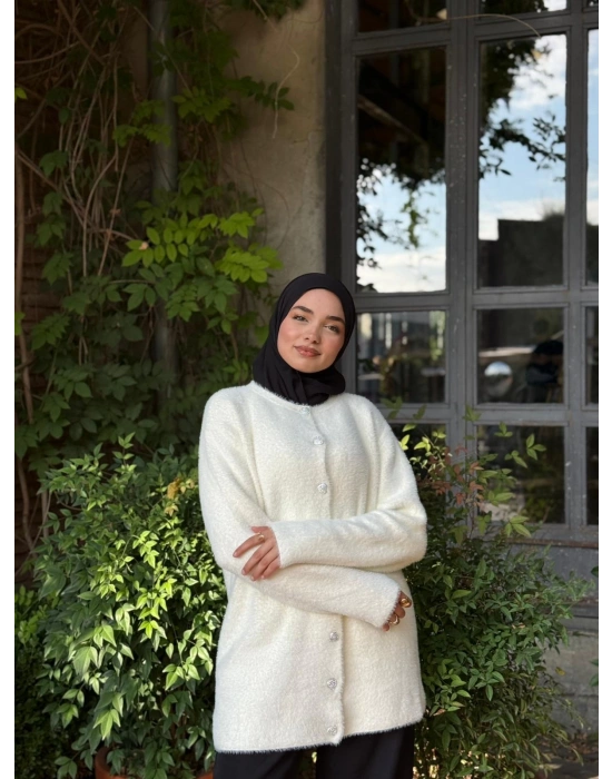 Kalp Düğmeli Hırka Yumuşacık Dokulu Peluş -Beyaz