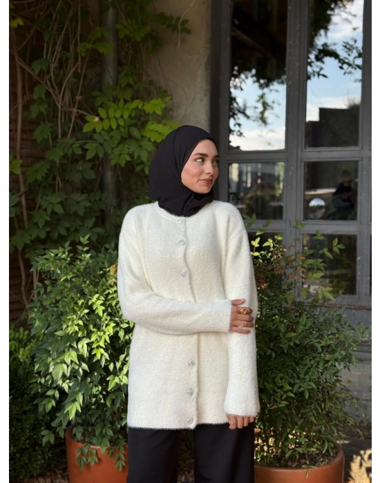 Kalp Düğmeli Hırka Yumuşacık Dokulu Peluş -Beyaz