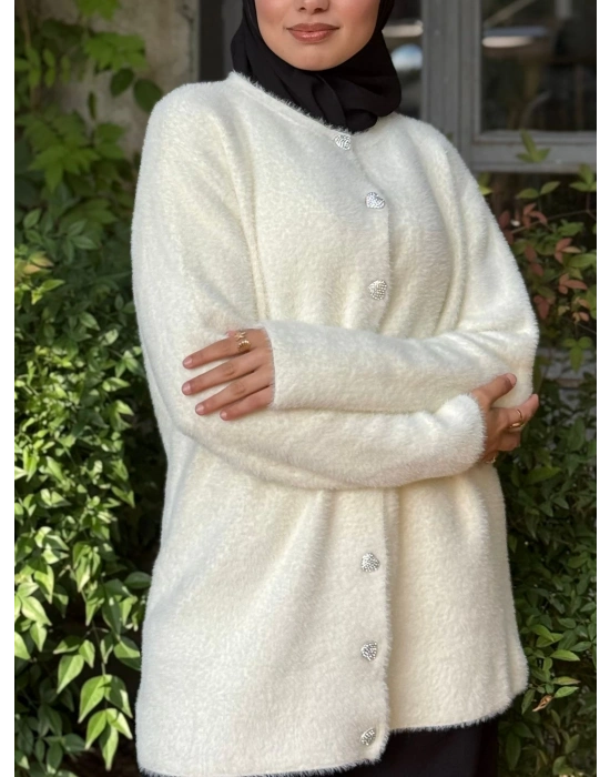 Kalp Düğmeli Hırka Yumuşacık Dokulu Peluş -Beyaz