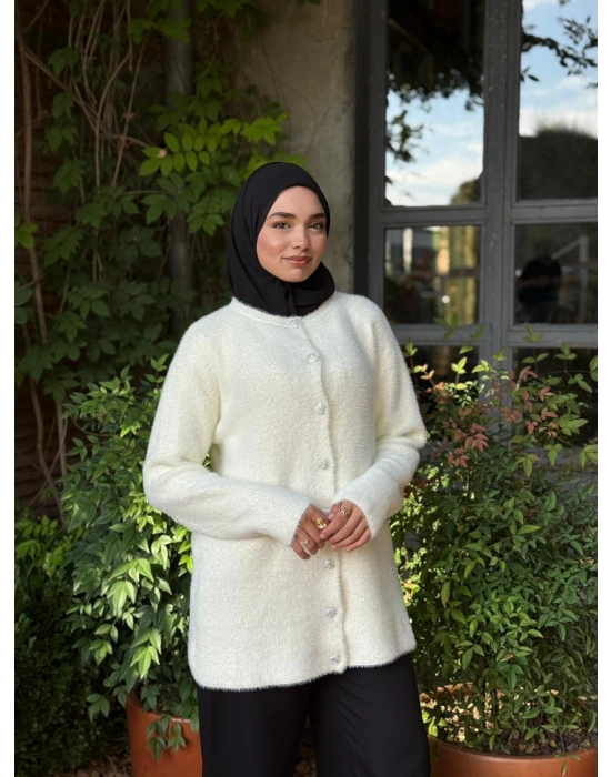 Kalp Düğmeli Hırka Yumuşacık Dokulu Peluş -Beyaz