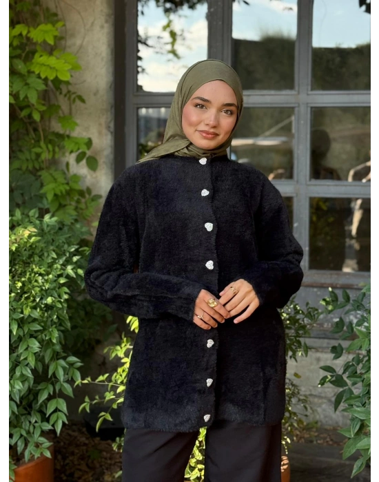 Kalp Düğmeli Hırka Yumuşacık Dokulu Peluş -Siyah