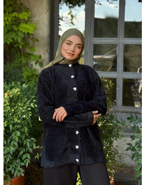 Kalp Düğmeli Hırka Yumuşacık Dokulu Peluş -Siyah