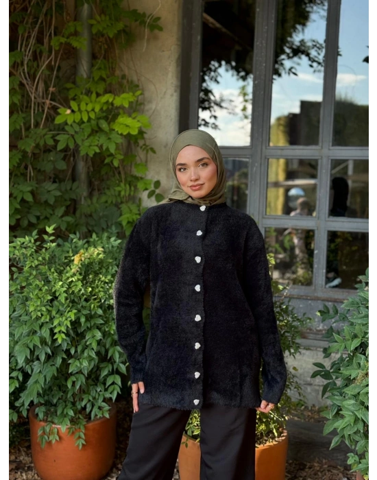 Kalp Düğmeli Hırka Yumuşacık Dokulu Peluş -Siyah