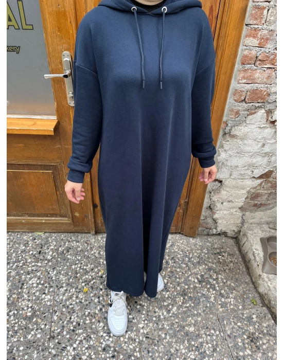 Kapüşonlu Kışlık 3 İplik Tesettür Elbise