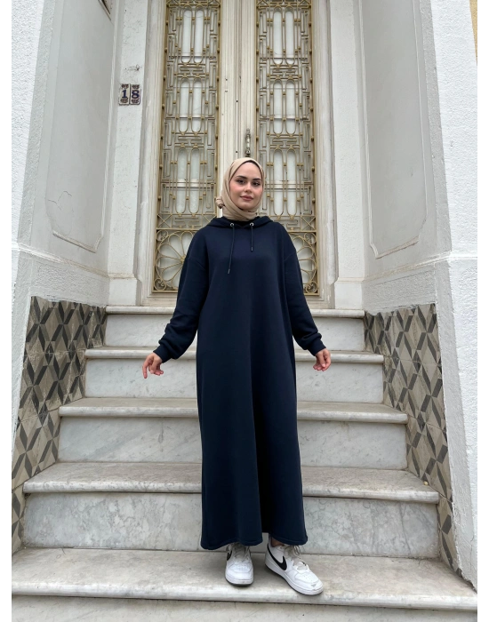 Kapüşonlu Kışlık 3 İplik Tesettür Elbise