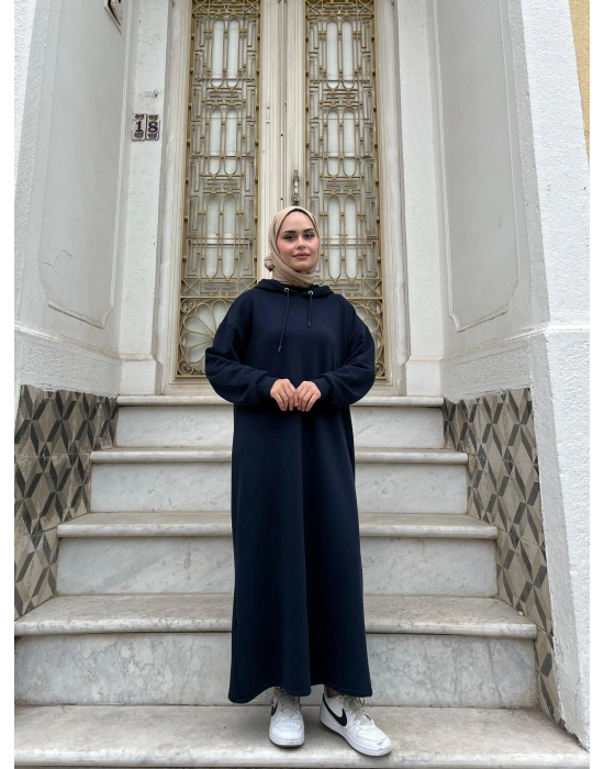 Kapüşonlu Kışlık 3 İplik Tesettür Elbise