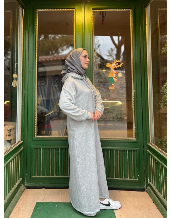 Kapüşonlu Kışlık 3 İplik Tesettür Elbise Gri