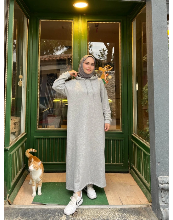 Kapüşonlu Kışlık 3 İplik Tesettür Elbise Gri
