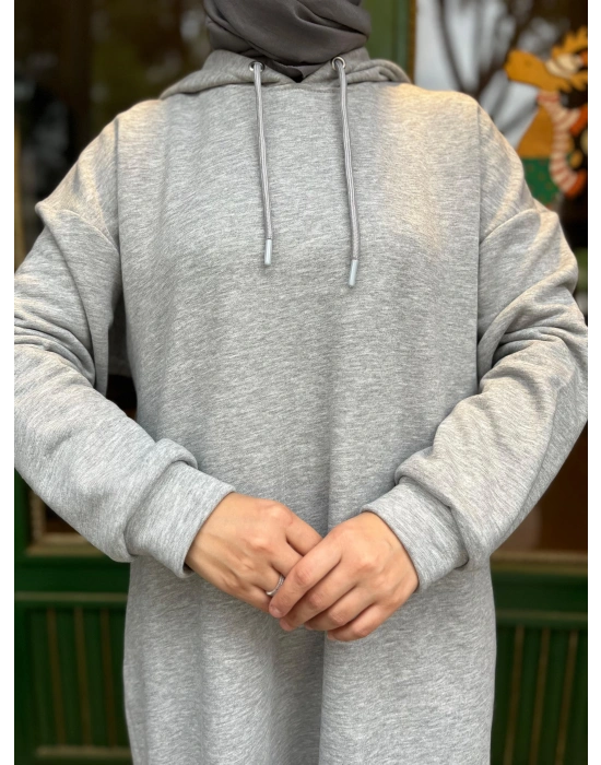 Kapüşonlu Kışlık 3 İplik Tesettür Elbise Gri