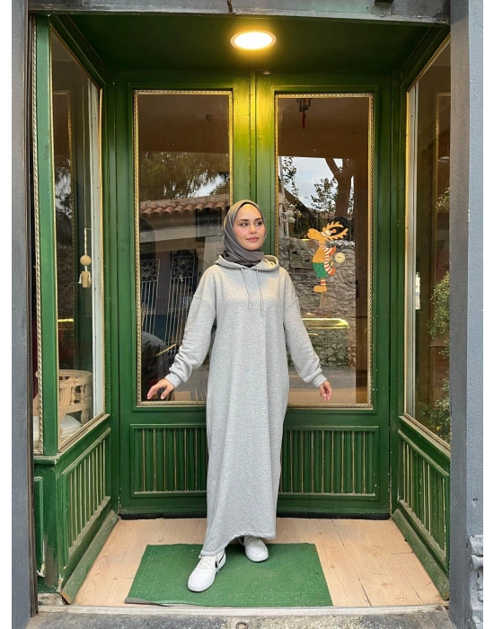 Kapüşonlu Kışlık 3 İplik Tesettür Elbise Gri