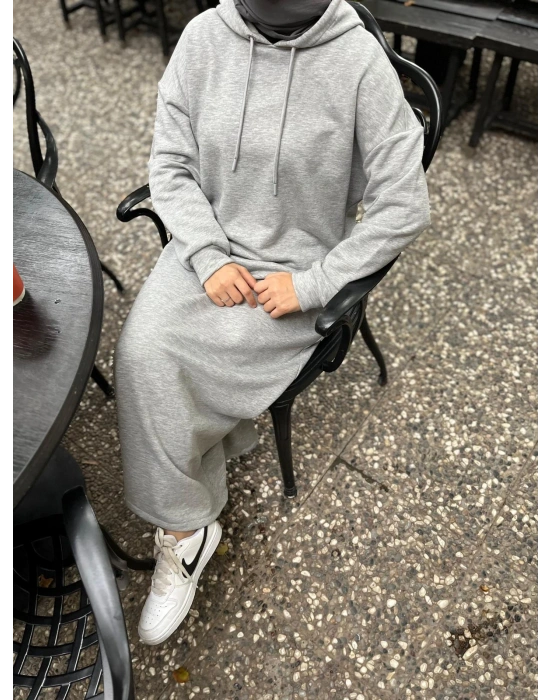 Kapüşonlu Kışlık 3 İplik Tesettür Elbise Gri