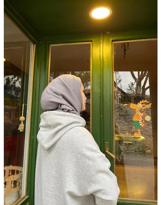 Kapüşonlu Kışlık 3 İplik Tesettür Elbise Gri