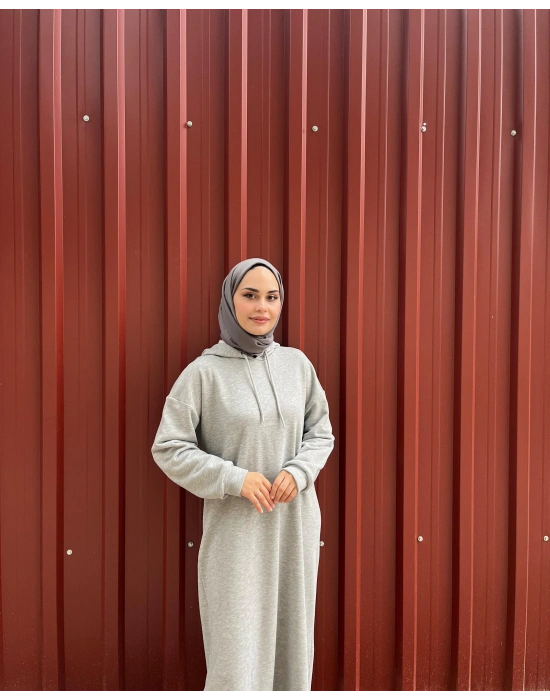 Kapüşonlu Kışlık 3 İplik Tesettür Elbise Gri