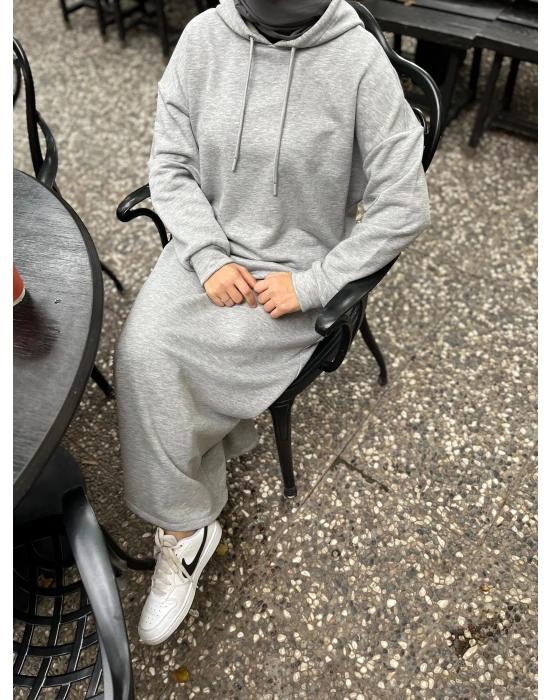 Kapüşonlu Kışlık 3 İplik Tesettür Elbise Gri