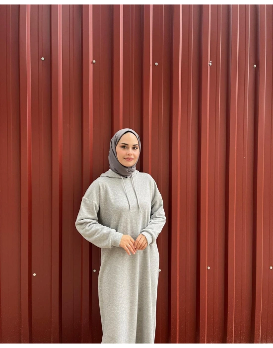 Kapüşonlu Kışlık 3 İplik Tesettür Elbise Gri
