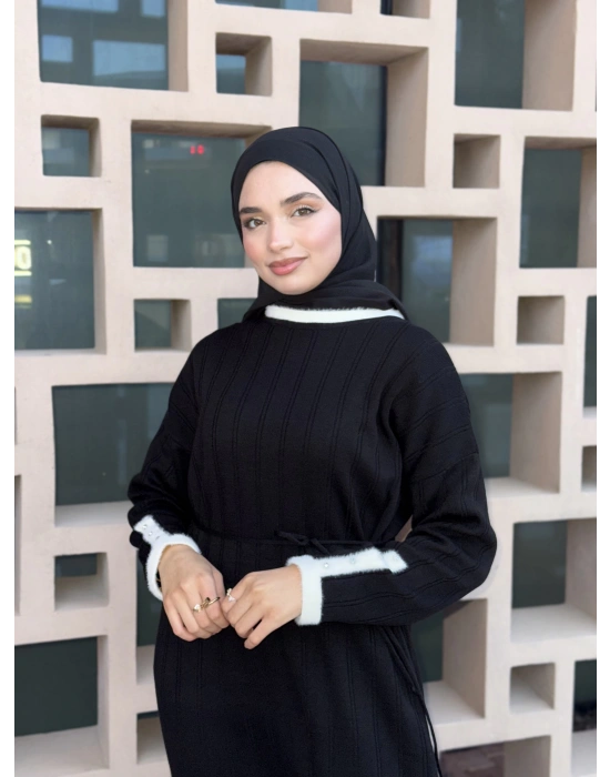 Şeritli Triko Kışlık Tesettür Elbise