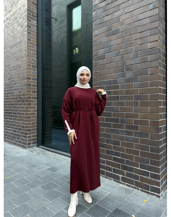 Şeritli Triko Kışlık Tesettür Elbise