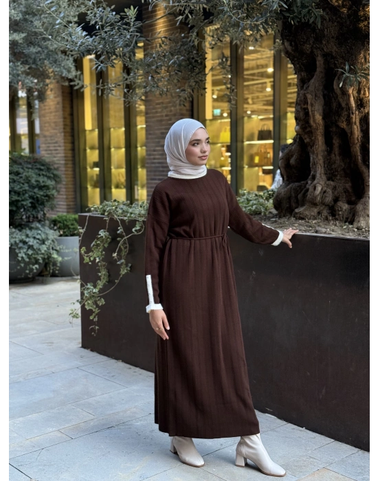 Şeritli Triko Kışlık Tesettür Elbise