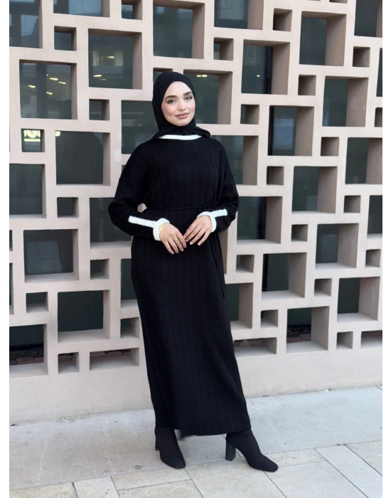 Şeritli Triko Kışlık Tesettür Elbise