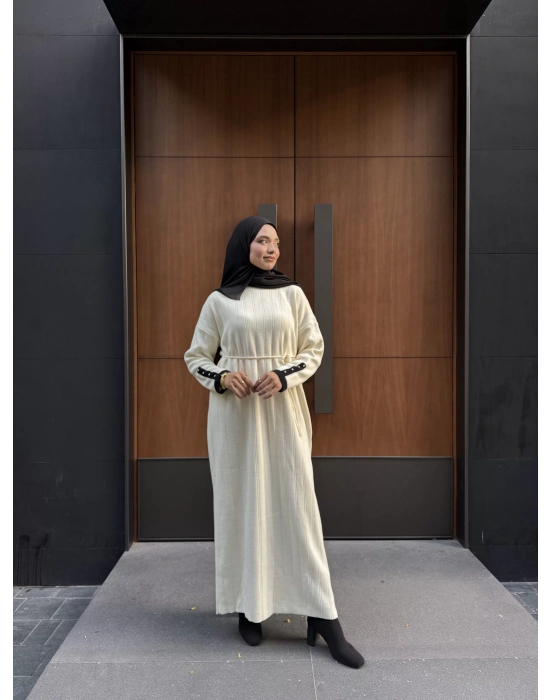 Şeritli Triko Kışlık Tesettür Elbise