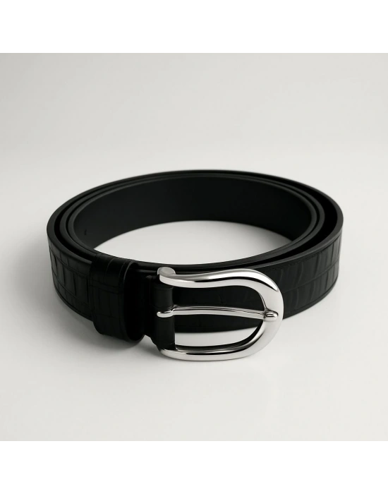 Siyah Gümüş Metal Tokalı Kemer