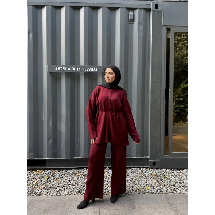 Düğmeli Kışlık Tesettür Triko Takım