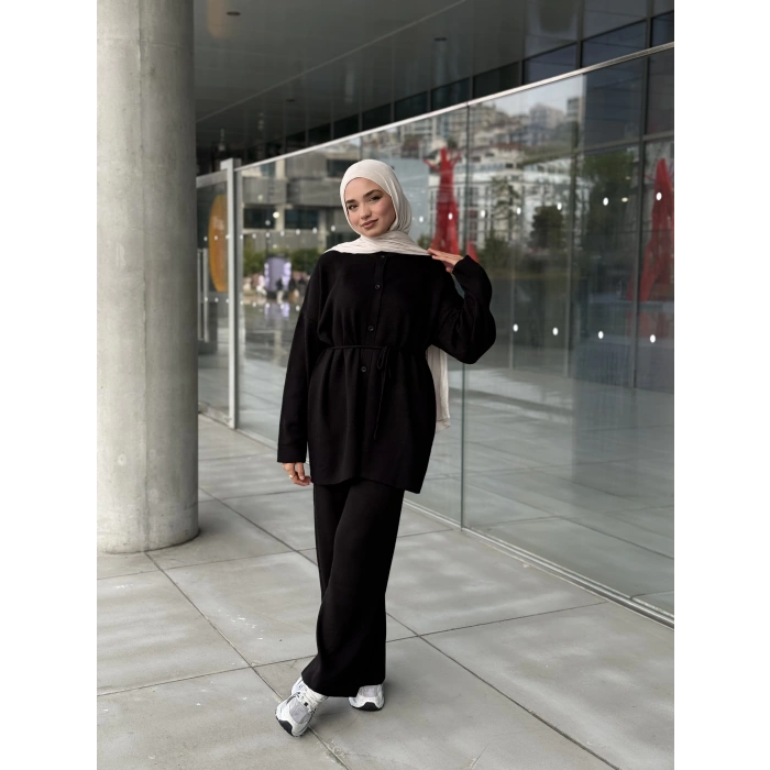 Düğmeli Kışlık Tesettür Triko Takım